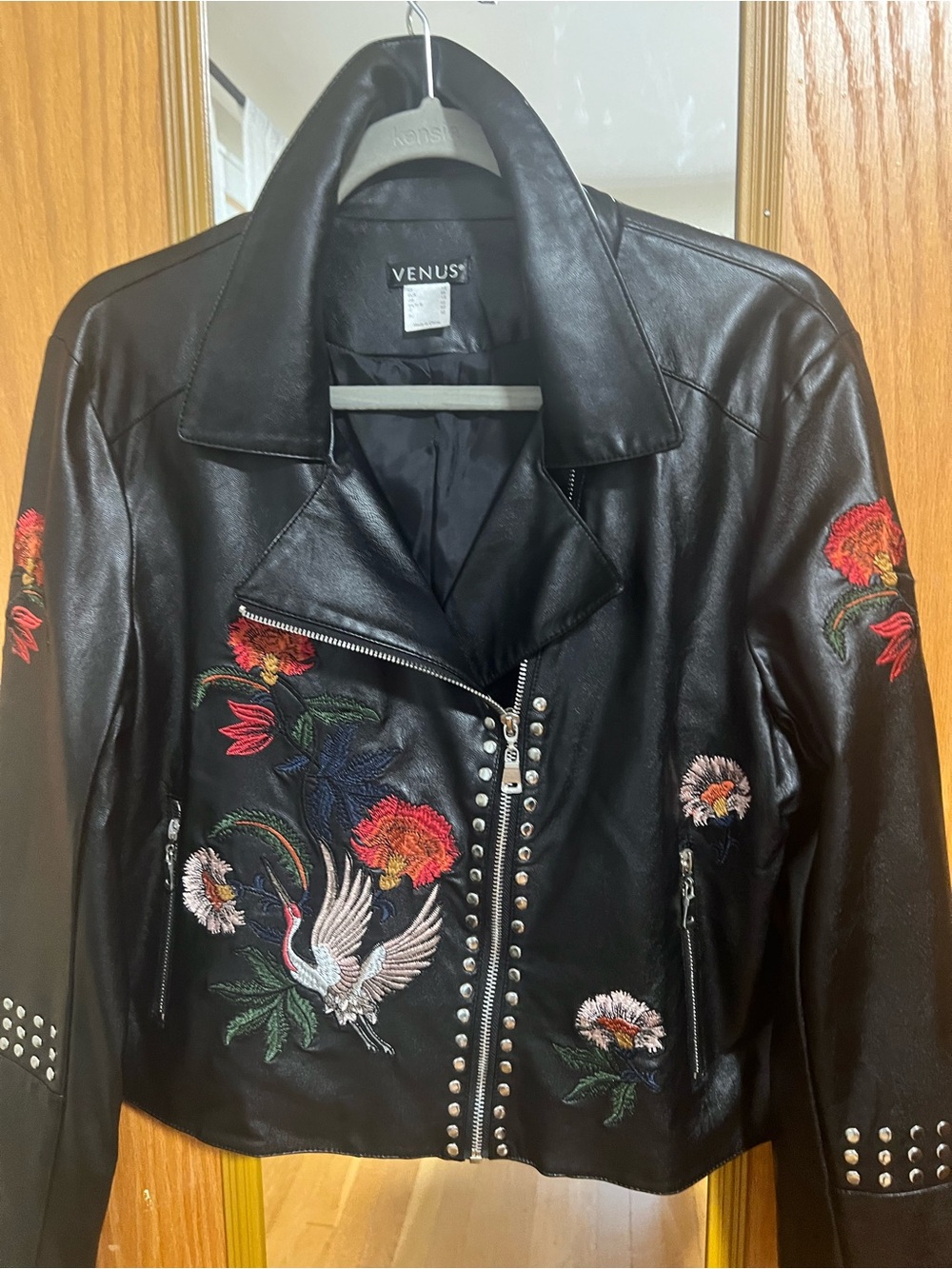 VENUS Black Faux Leather Moto Jacket with Colorful Embroidery